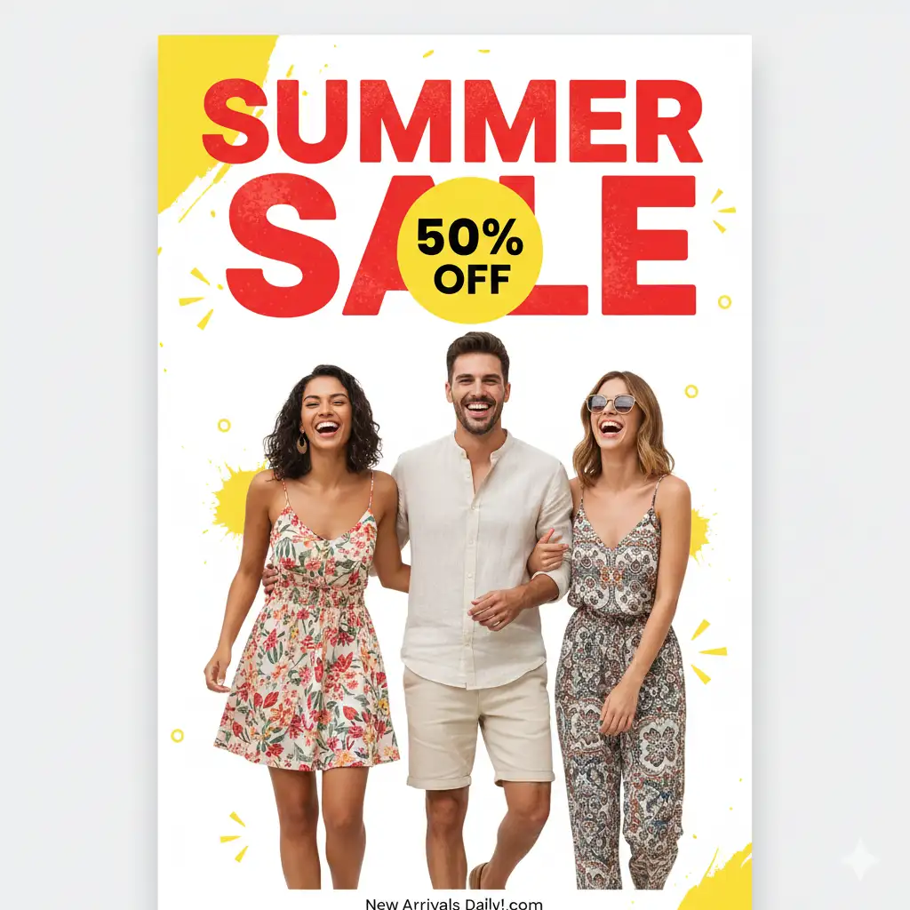 Retail sale flyer for a clothing store featuring stylish models in summer clothes, a bright high-key background, and massive bold red letters reading 'SUMMER SALE' with a '50% OFF' yellow circle badge