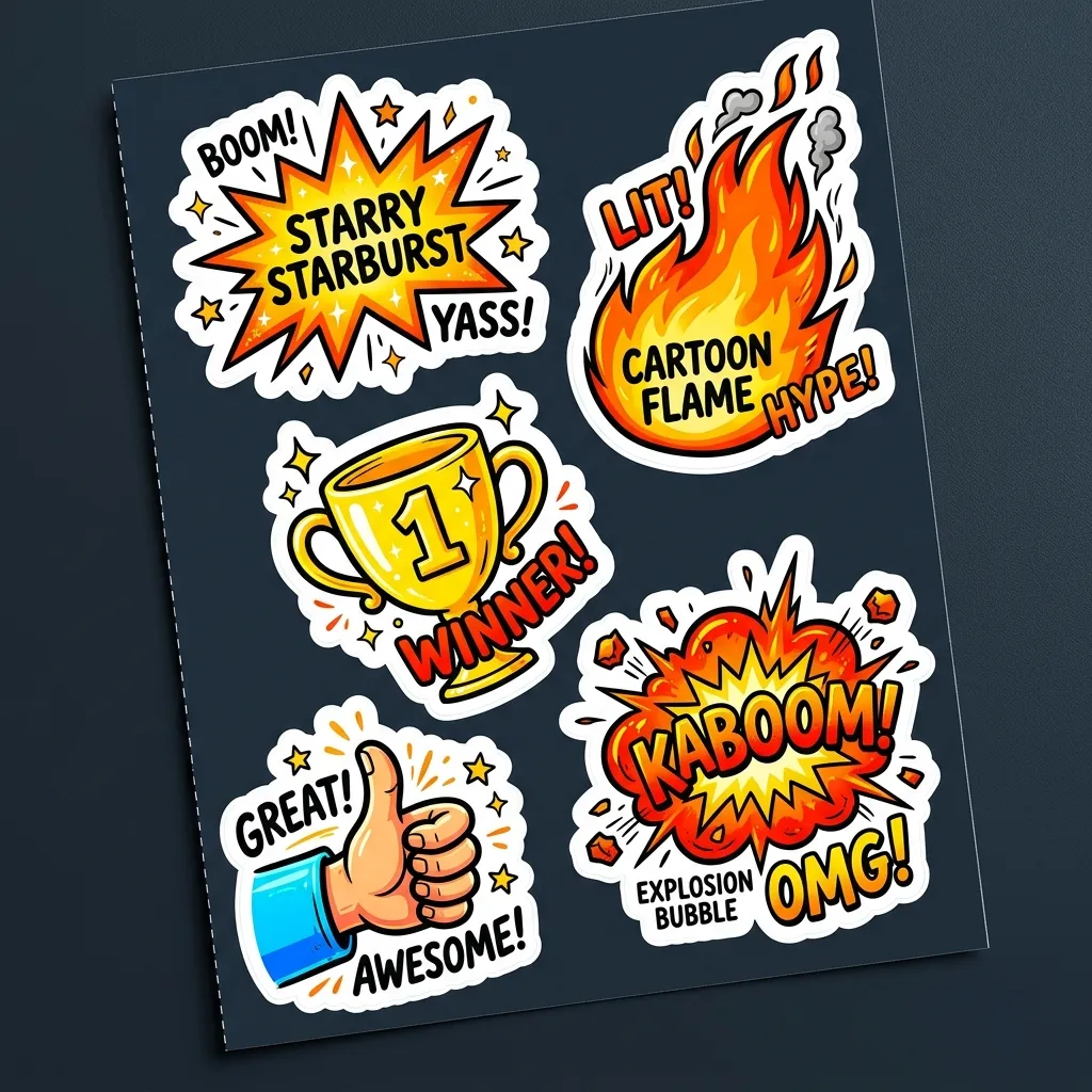 Bold cartoon celebration sticker with thick black outline and vibrant saturated colors