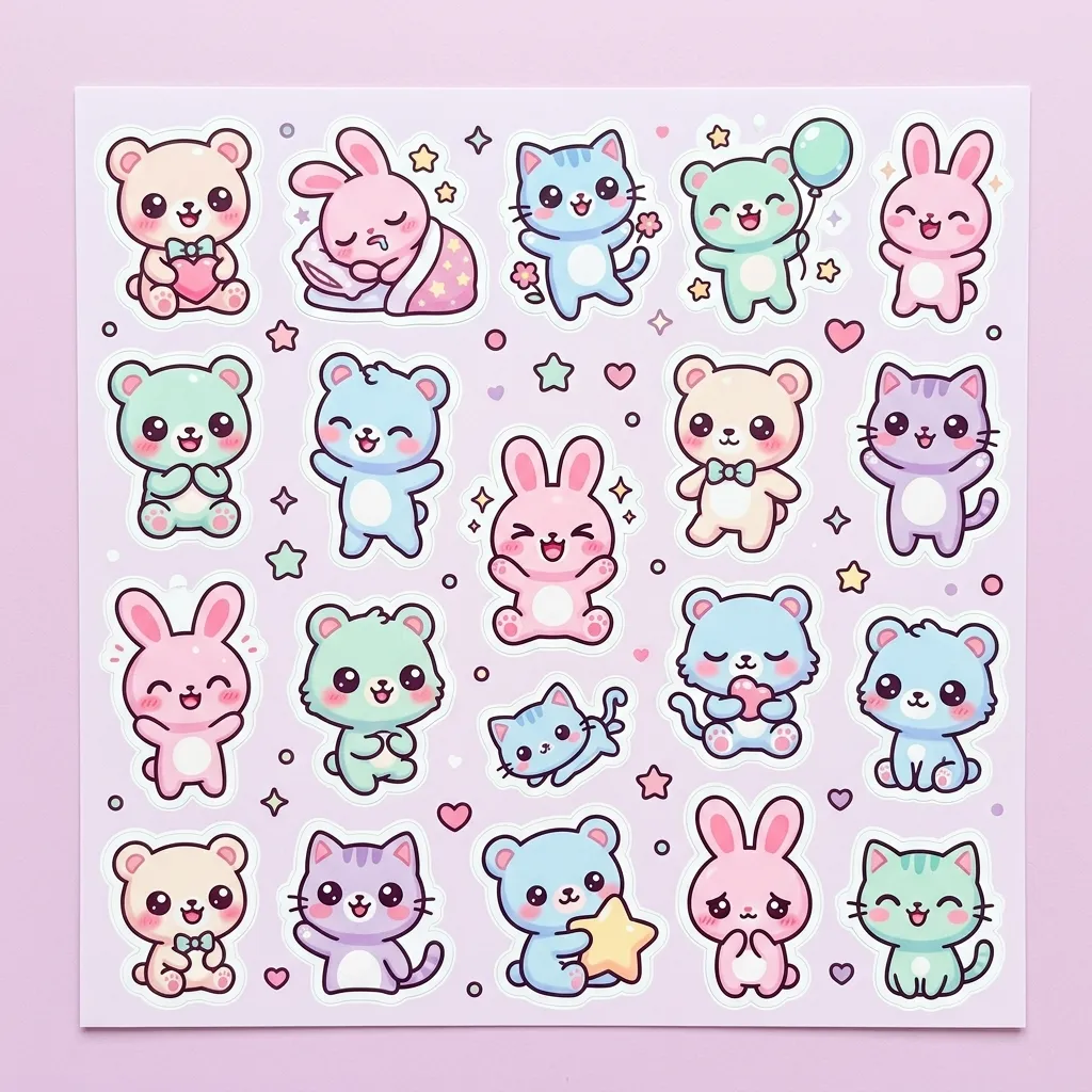 Cute kawaii bear sticker with thick white outline and pastel pink background