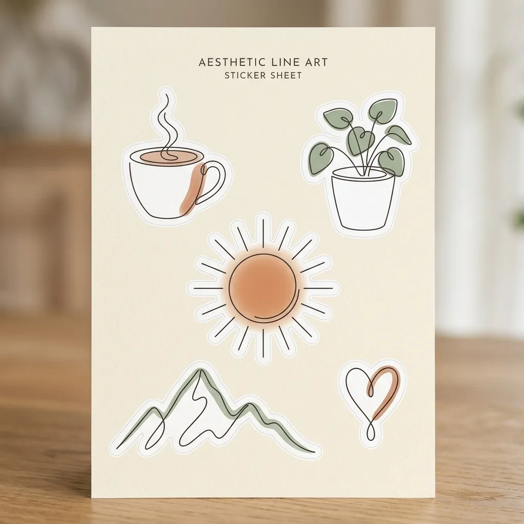 Minimalist single-line line art sticker of a coffee cup on cream background
