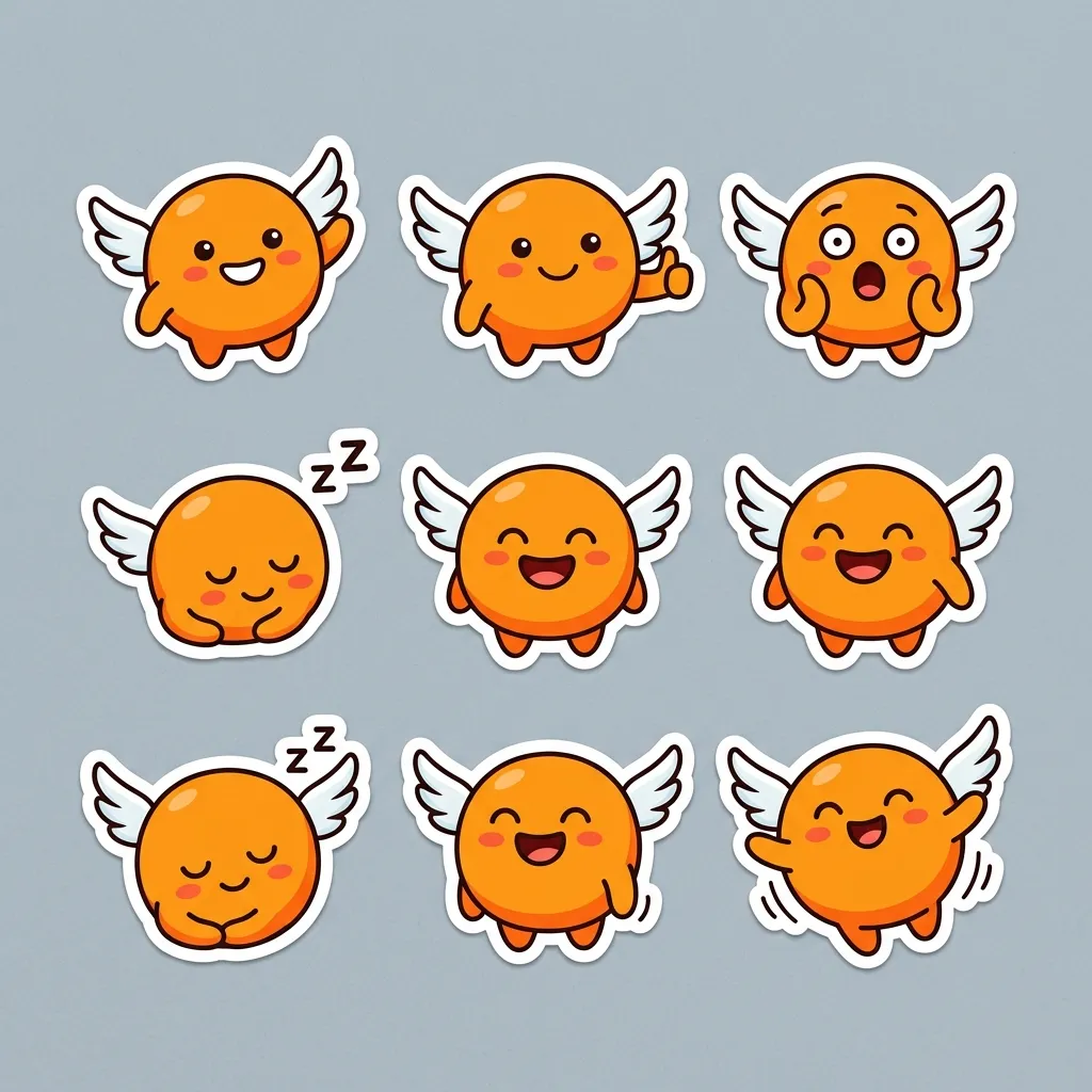 Round orange mascot character with different expressions in a sticker grid