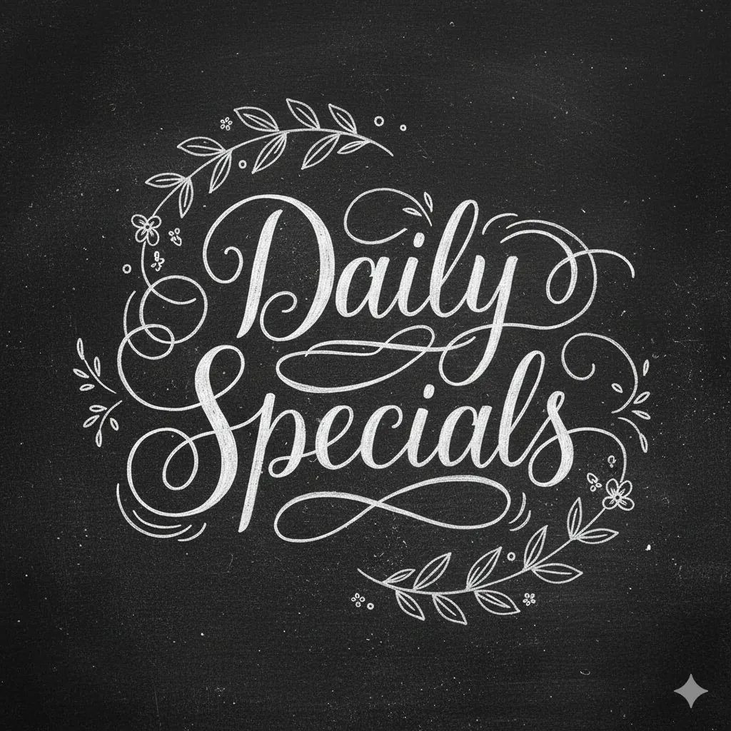 Hand-lettered chalkboard with 'Daily Specials' in white chalk calligraphy with decorative leaves