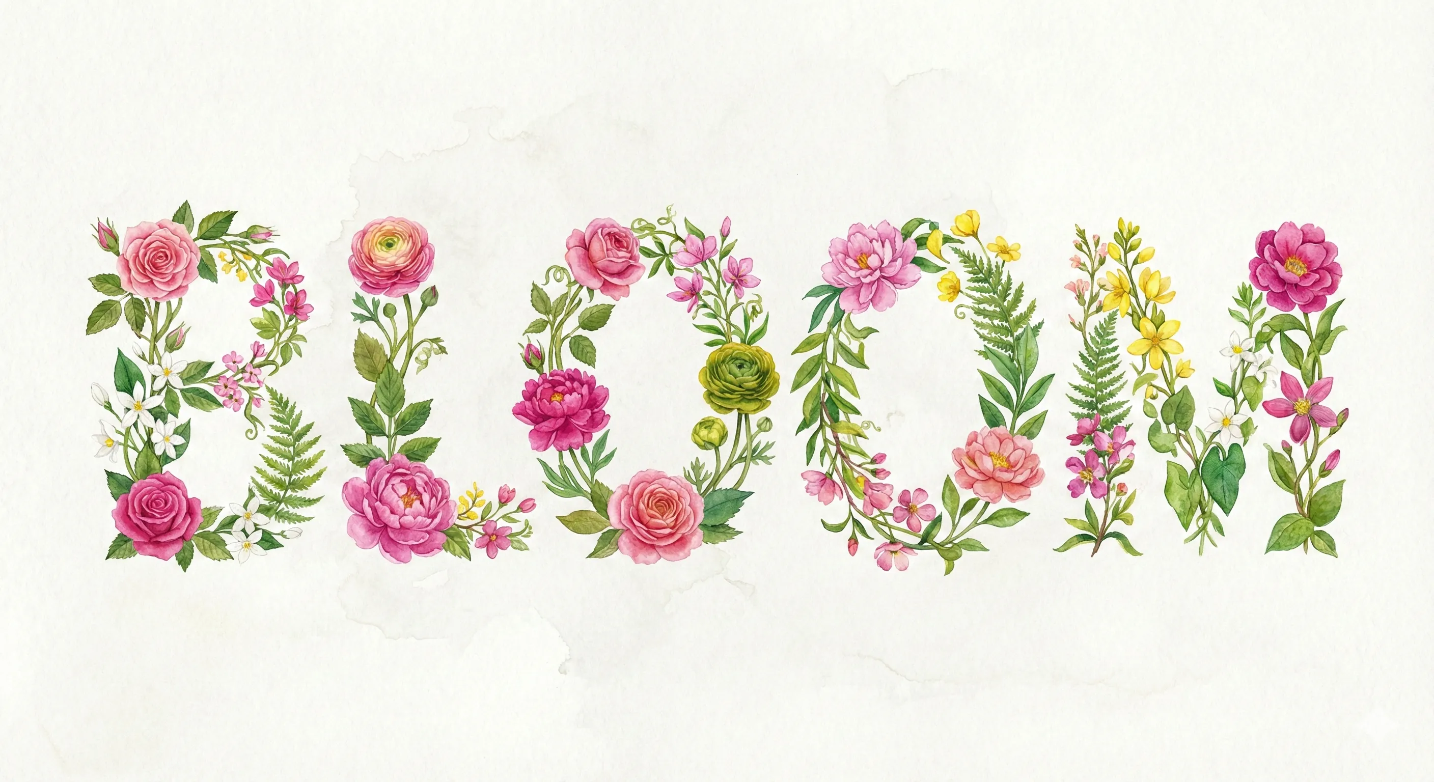 Botanical typography with the word 'BLOOM' formed by intertwined flowers, vines, and leaves