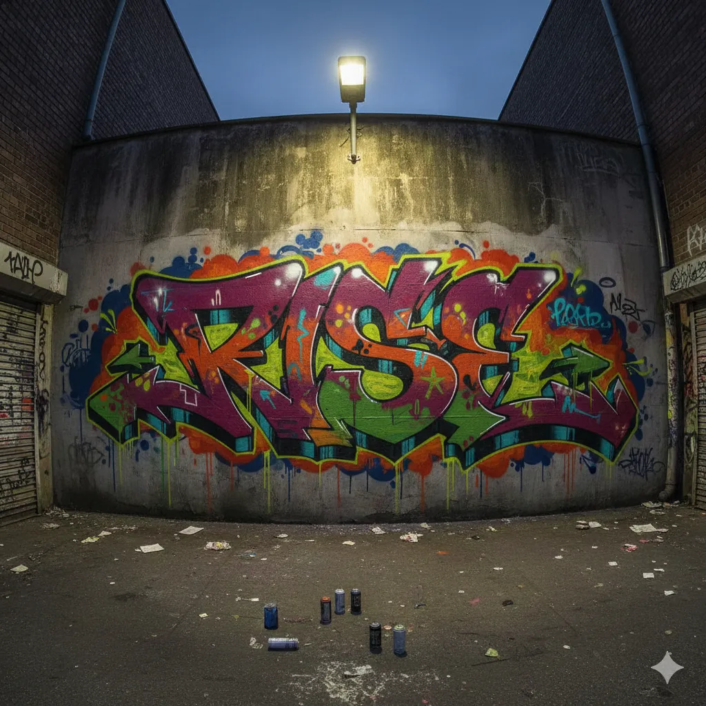 Wildstyle graffiti street art 'RISE' in vibrant colors with spray paint drips on concrete wall