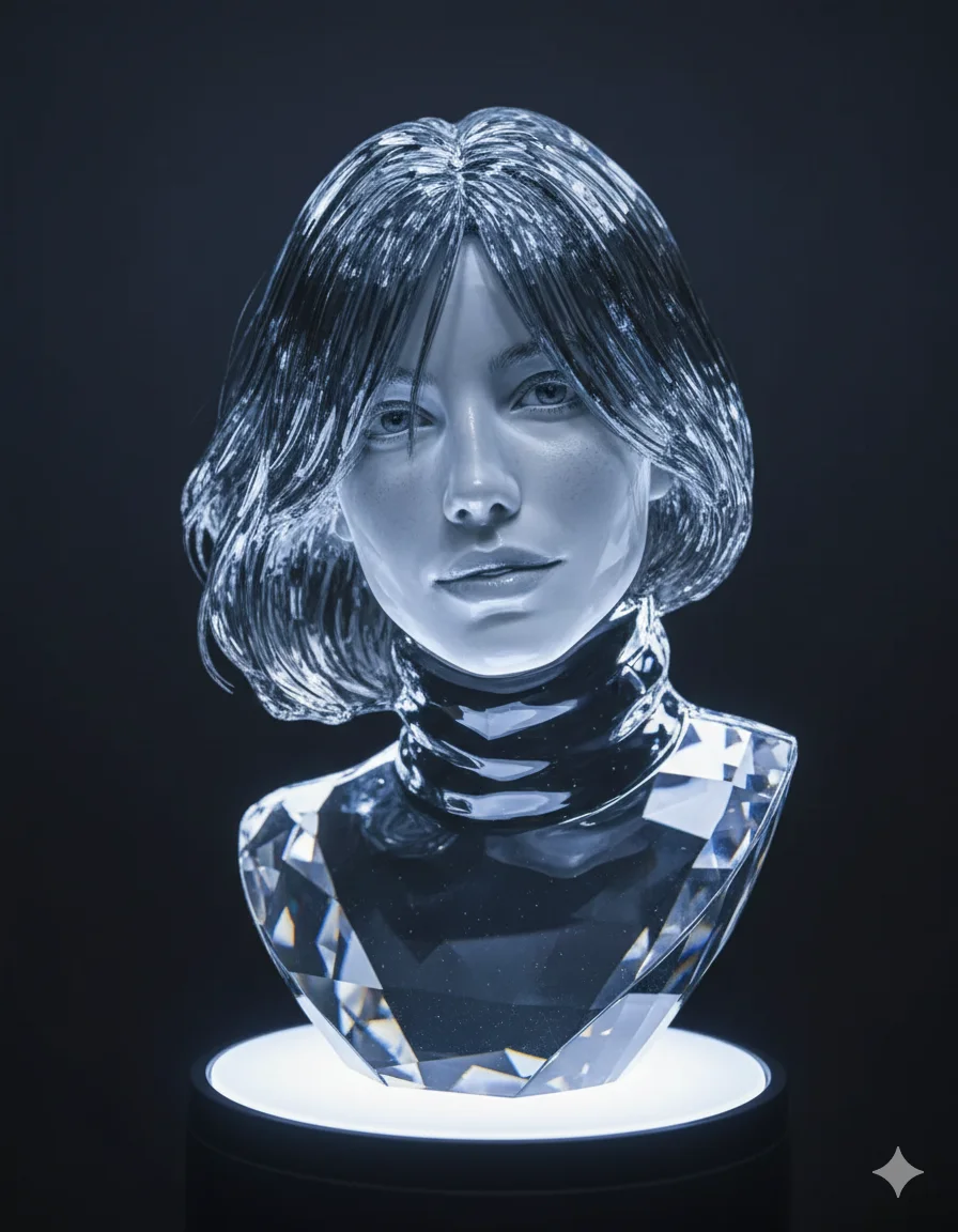 Crystal glass sculpture transformation with translucent refraction and LED lighting