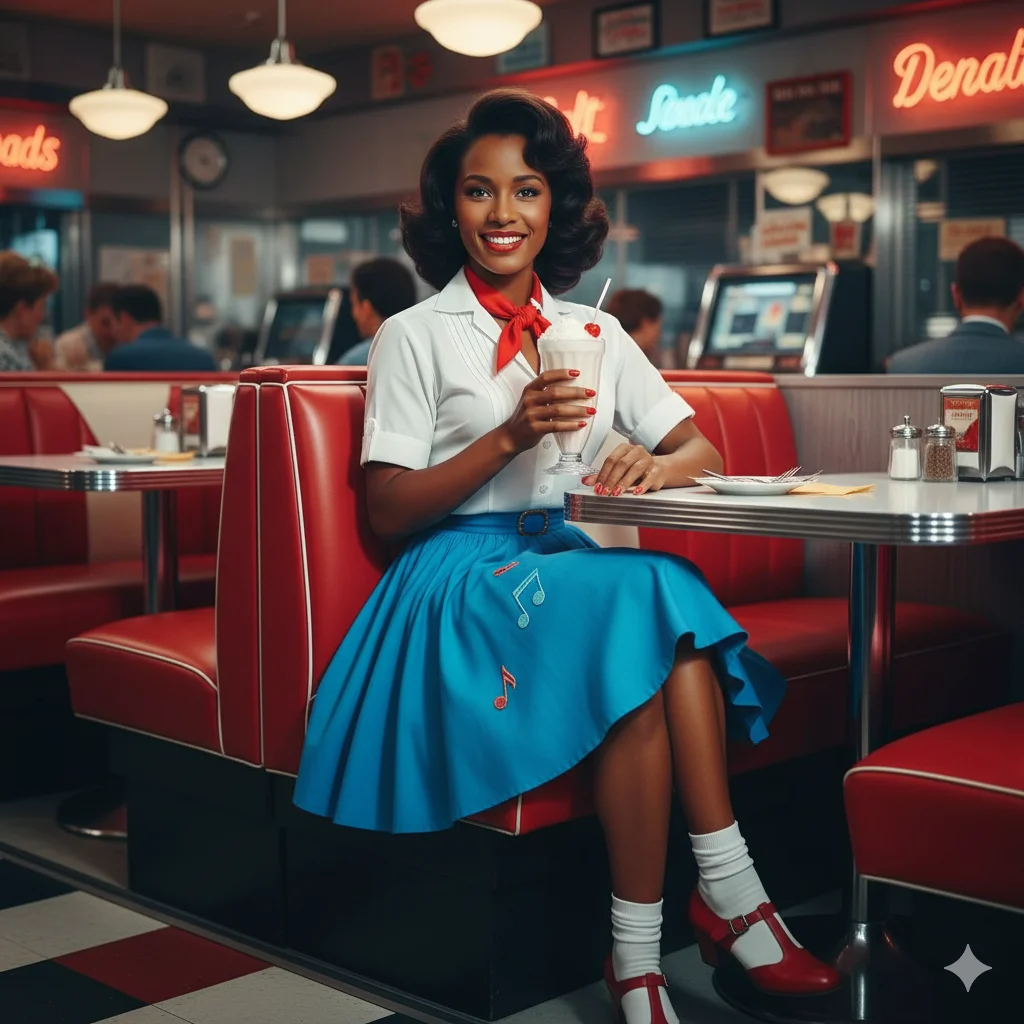 1950s Technicolor movie still transformation with hyper-saturated colors and diner setting