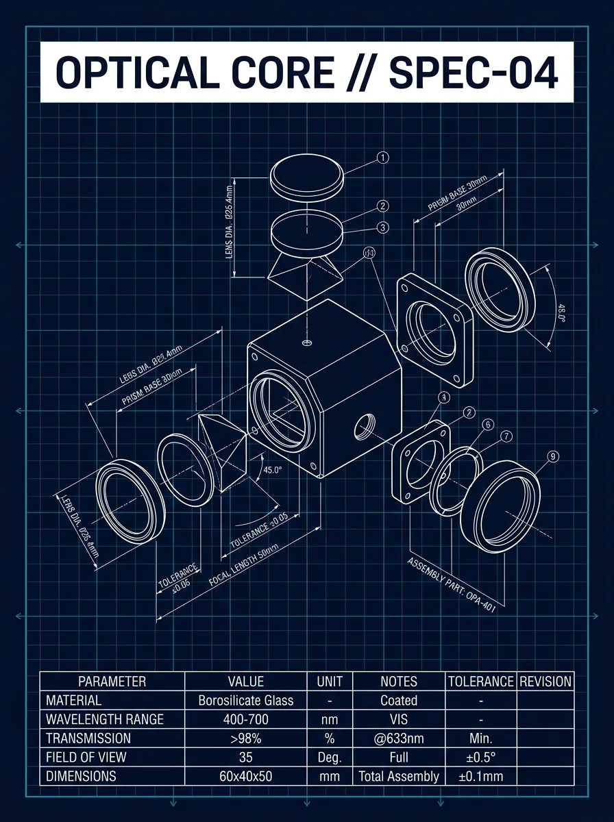 Technical isometric blueprint spec sheet poster with exploded optical prism