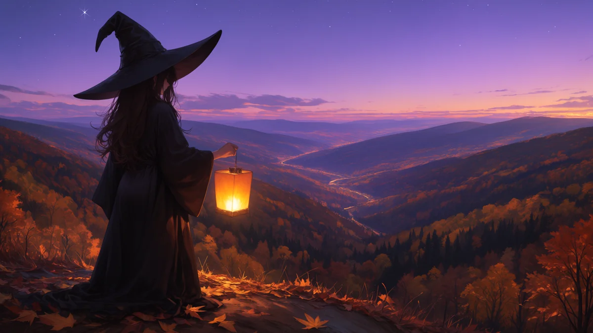 Tiny witch with a glowing lantern on an autumn hilltop at dusk, vast forest valley below