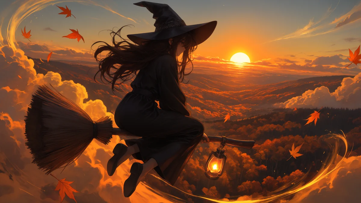 Witch on a broom flying high above an autumn valley at sunset