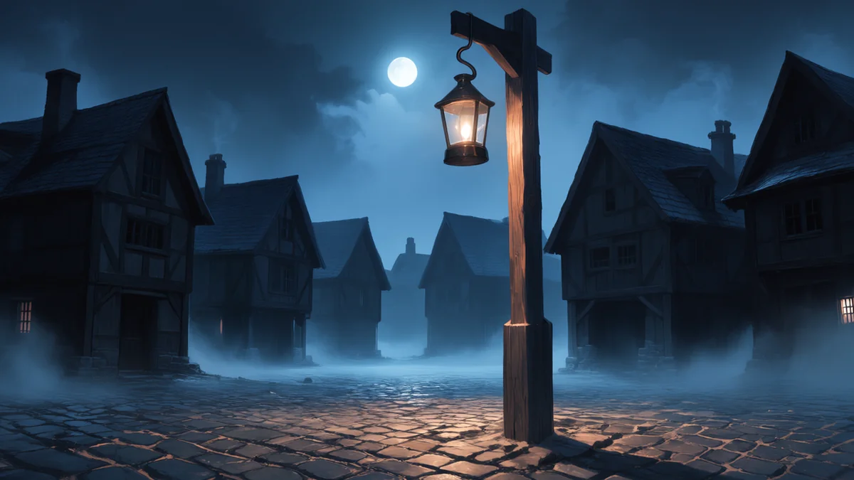 Empty cobbled village square at night with a lamp post and dark houses