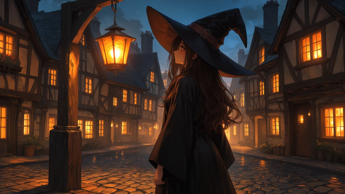 Witch in a black pointed hat seen from behind, standing upright and looking up at a glowing lantern on a wooden lamp post in a village square with lit windows