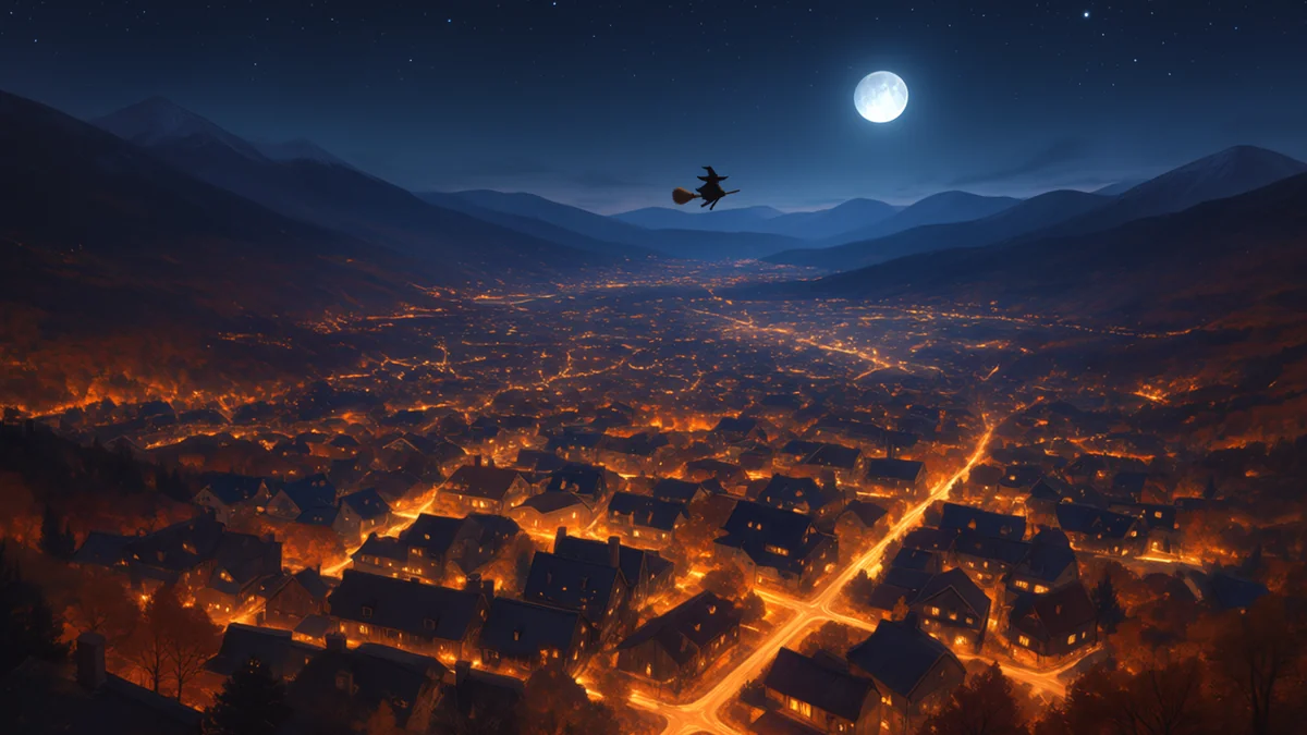 Aerial view of a glowing village in a valley with one tiny witch on a broom under a full moon