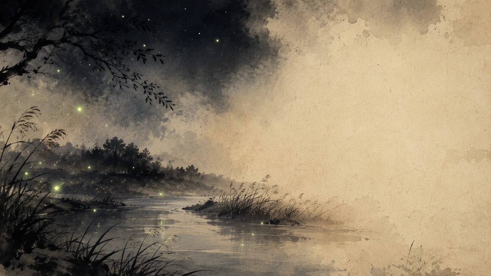 Japanese ink-wash night river bend with green fireflies over pale parchment water, a dark branch entering from the top left, open space on the right
