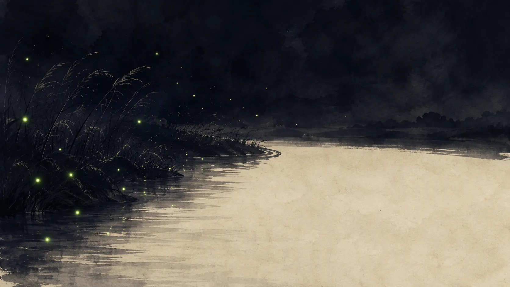 Alternative ink-wash hero: wide quiet river bending through a dark reed bank under a deep indigo sky, dozens of small green fireflies with open space on the right half