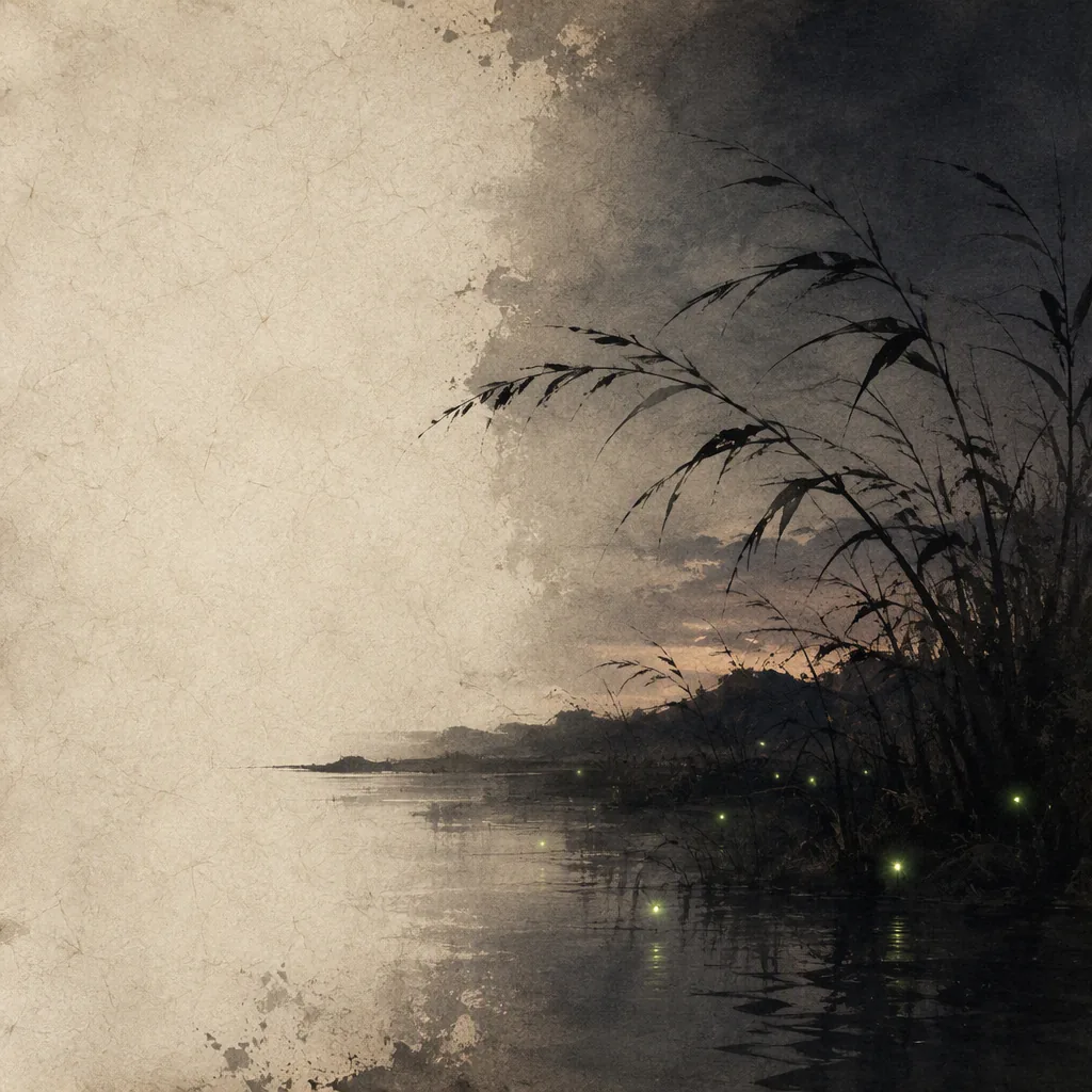 Ink-wash reed bank at dusk with dark silhouetted grasses leaning over calm water and a few green fireflies low over the surface