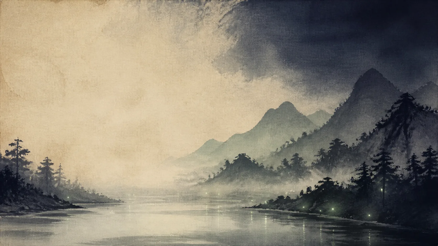 Ink-wash distant mountain silhouettes fading into mist over wide still water, with small green fireflies and soft glowing reflections