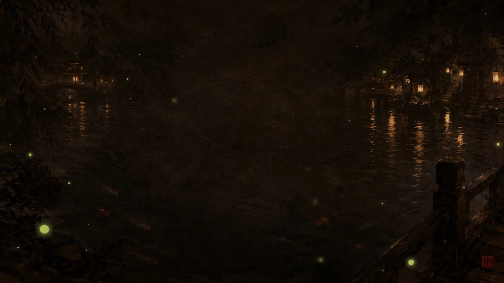 Dark ink-wash night river on brown-black paper with warm lantern reflections, faint koi under the surface, green fireflies, and an open center for text