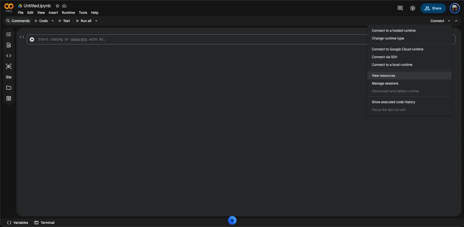 The Connect dropdown with runtime options