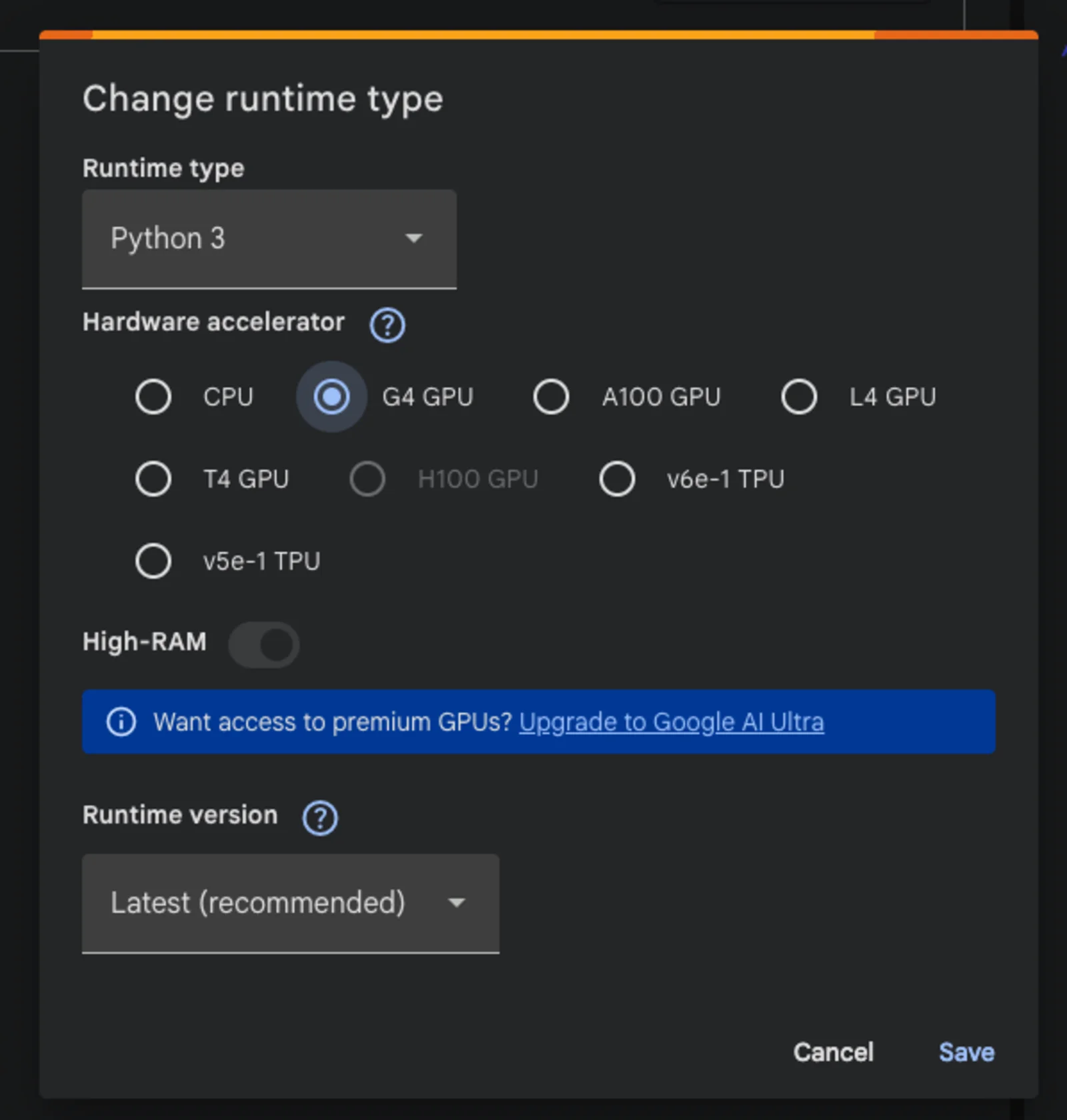 The Change runtime type dialog with CPU, G4, A100, L4, T4, H100, and TPU options